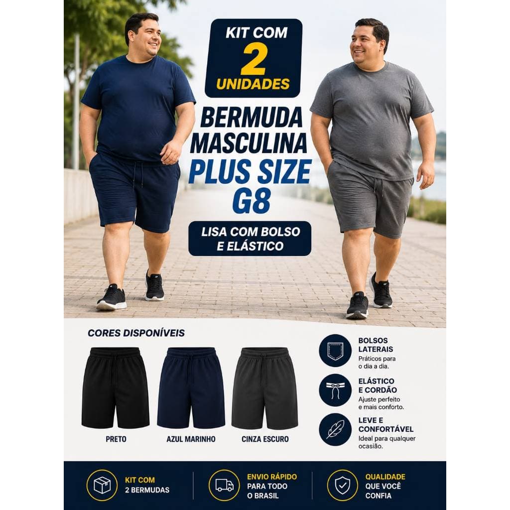 Kit 2 Bermudas Masculina Plus Size G8 Lisa Com Bolso