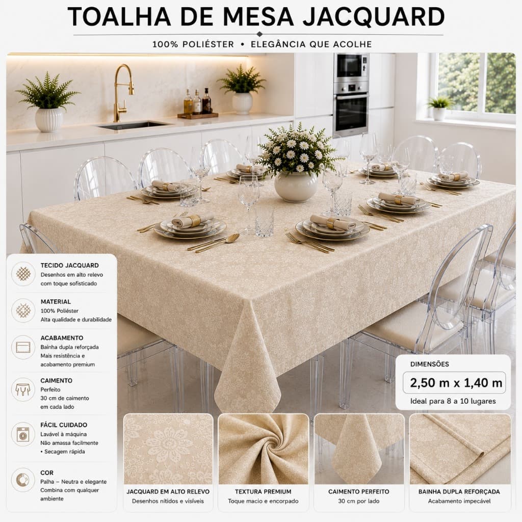 Toalha de Mesa Jacquard Luxo 2,50x1,40 Elegante Mesa Posta Retangular