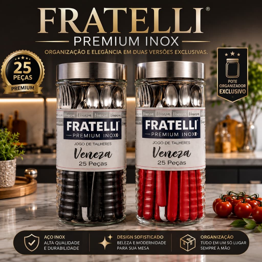 Conjunto Talheres Fratelli Premium Inox 25 Pecas Preto/Vermelho Inox Resistente Design Elegante Pote Vidro