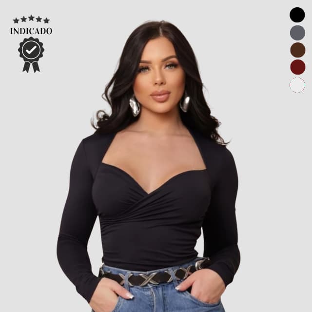 Blusa de frio feminina manga longa drapeada decote quadrado coração Blusinha Transpassada elegante