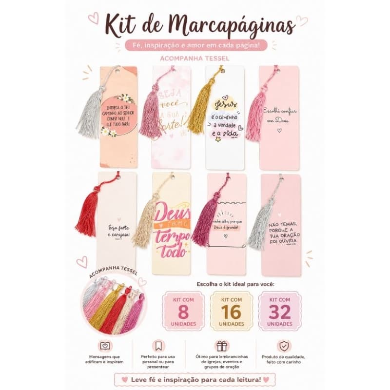 Kits Marca páginas 14x5cm com pingente Bíblicos ou Motivacionais