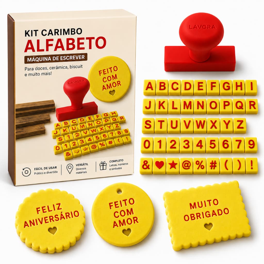 Kit Carimbo Alfabeto Personalizável Letras Números E Símbolos Para Artesanato E Confeitaria