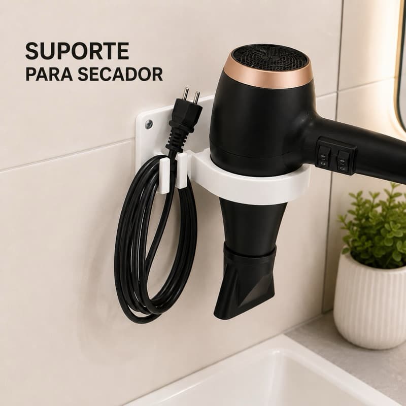Suporte Para Secador De Cabelo Universal Parede Organizador De Fio Com Fita 3M Ou Parafuso