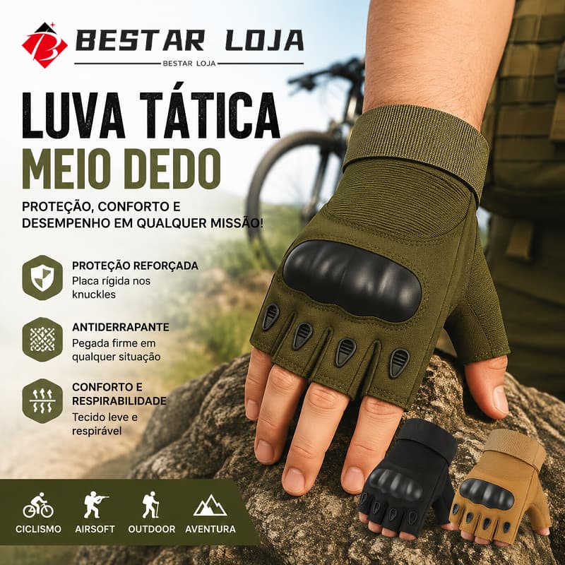BESTAR LOJA  Luva Tática Meio Dedo Militar Proteção Antiderrapante Para Ciclismo Airsoft Outdoor