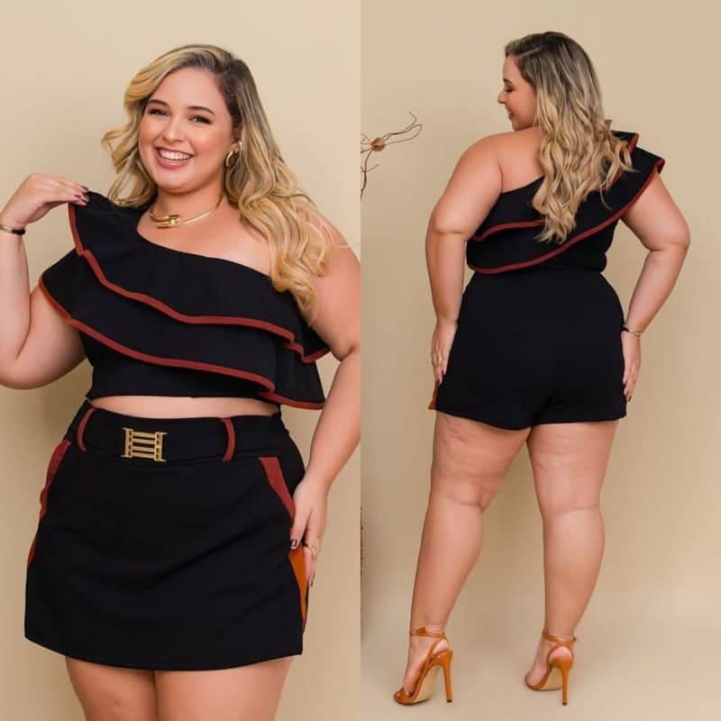 Conjunto Feminino  Plus Size | Cropped + Short Saia Tam Único 44 ao 48 | Conjunto Plus
