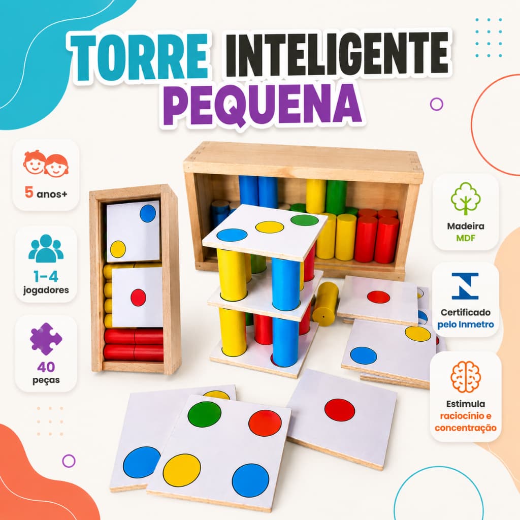 Torre Inteligente Pedagógica Brinquedo Educativo em Madeira Colorida Jogo Interativo com 40 peças