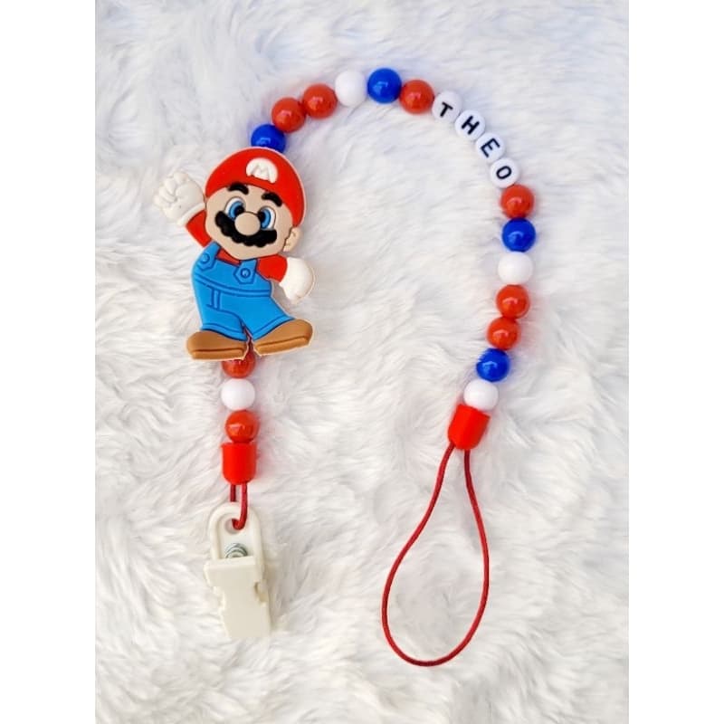 Prendedor de chupeta Super Mário personalizado com o nome do bebê