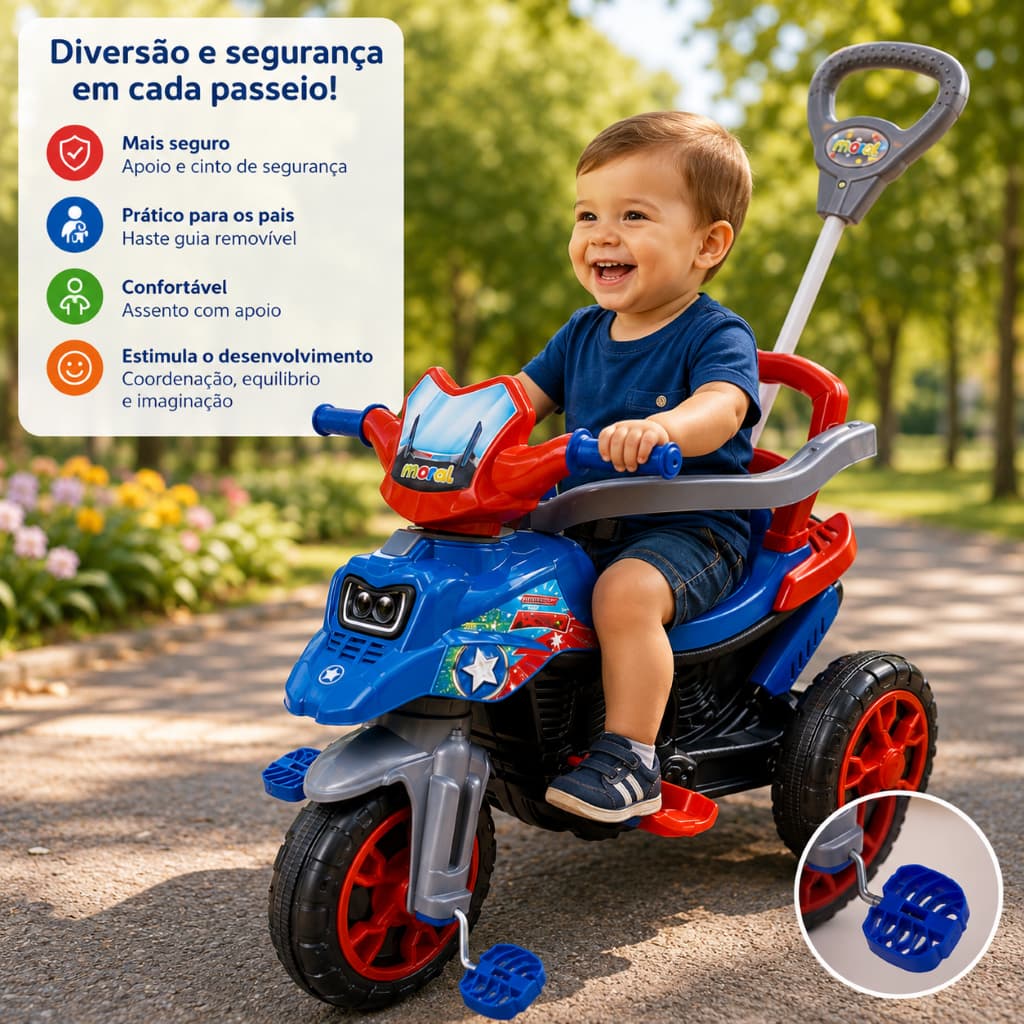 Triciclo Infantil Motorizado Pedal Haste Azul Brinquedo Seguro Divertido Criança
