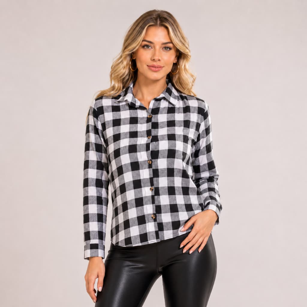 Camisa Feminina Xadrez Manga Longa Em Viscose