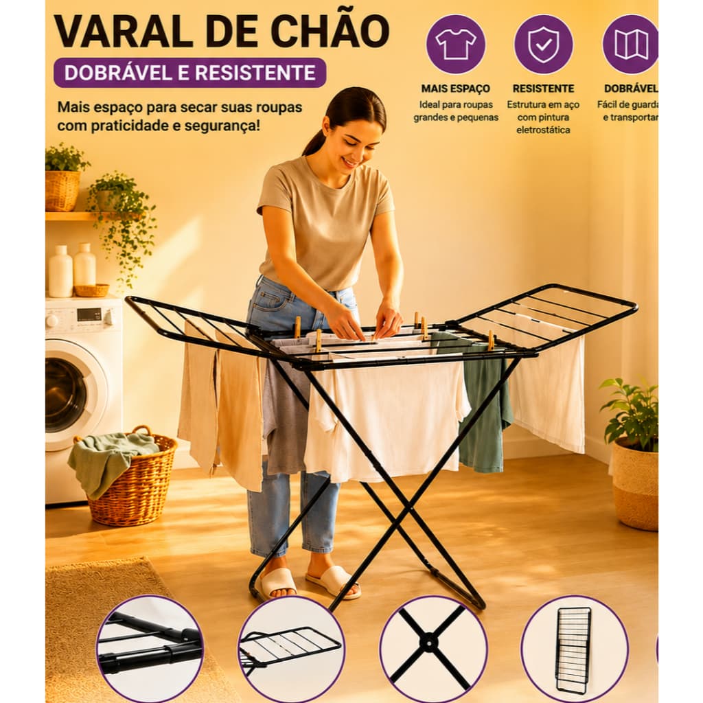 🧺 Varal de Chão Dobrável com Abas Aço Preto 8kg 👕 Retrátil Compacto Para Apartamento Lavanderia 🏠✨