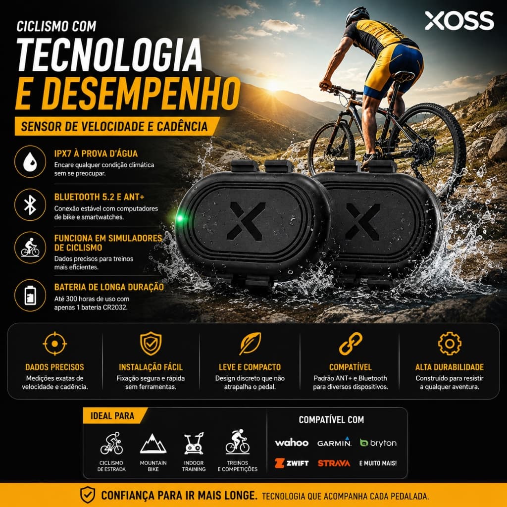 Sensor Velocidade/Cadência XOSS Arena Bluetooth 5.2 ANT+ IPX7 Serve Zwift Garmin Smartwatch Mywhoosh