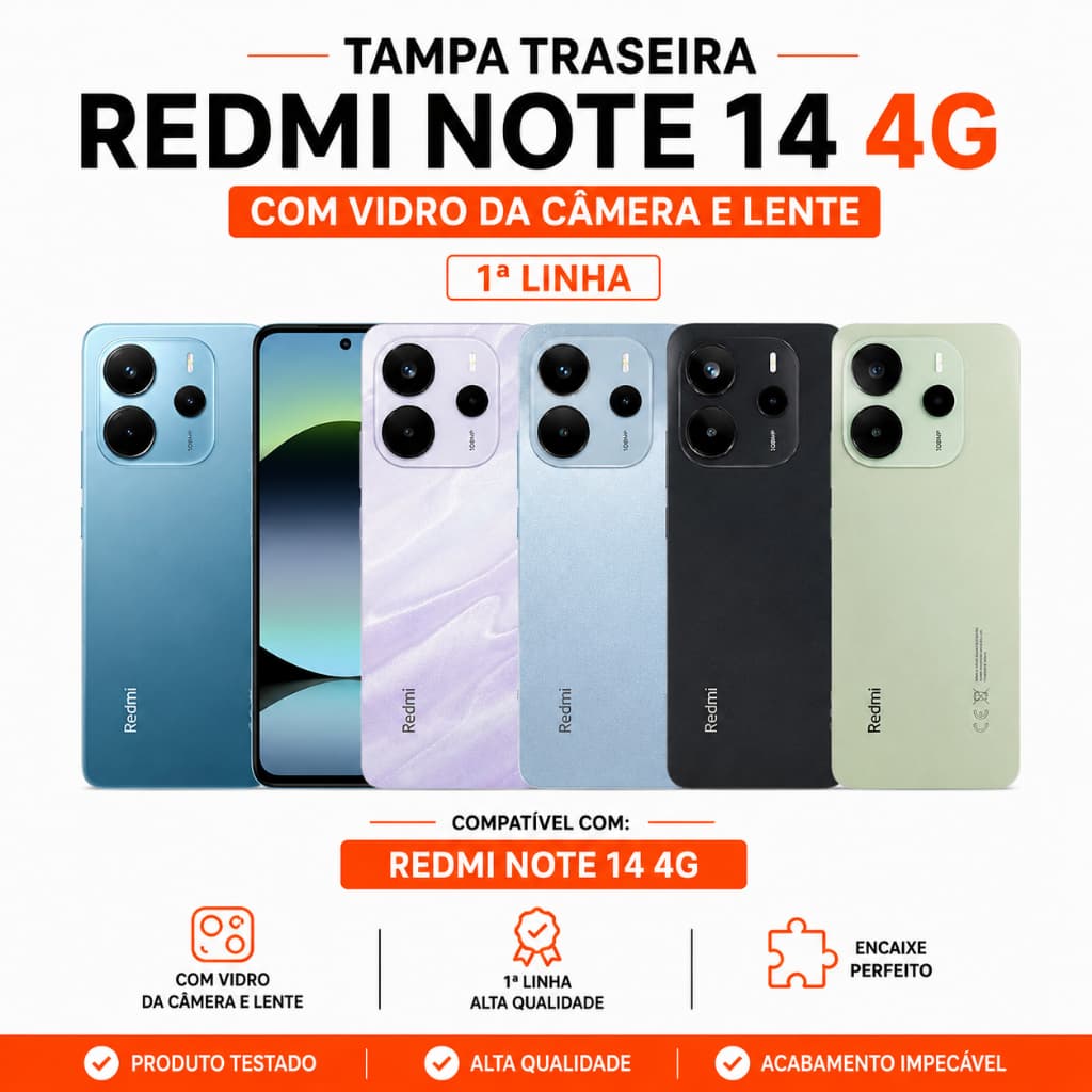 Tampa Traseira Redmi Note 14 4G com Vidro da Camera Com Logo CE 1º Linha Premium C/ Lente Carcaça