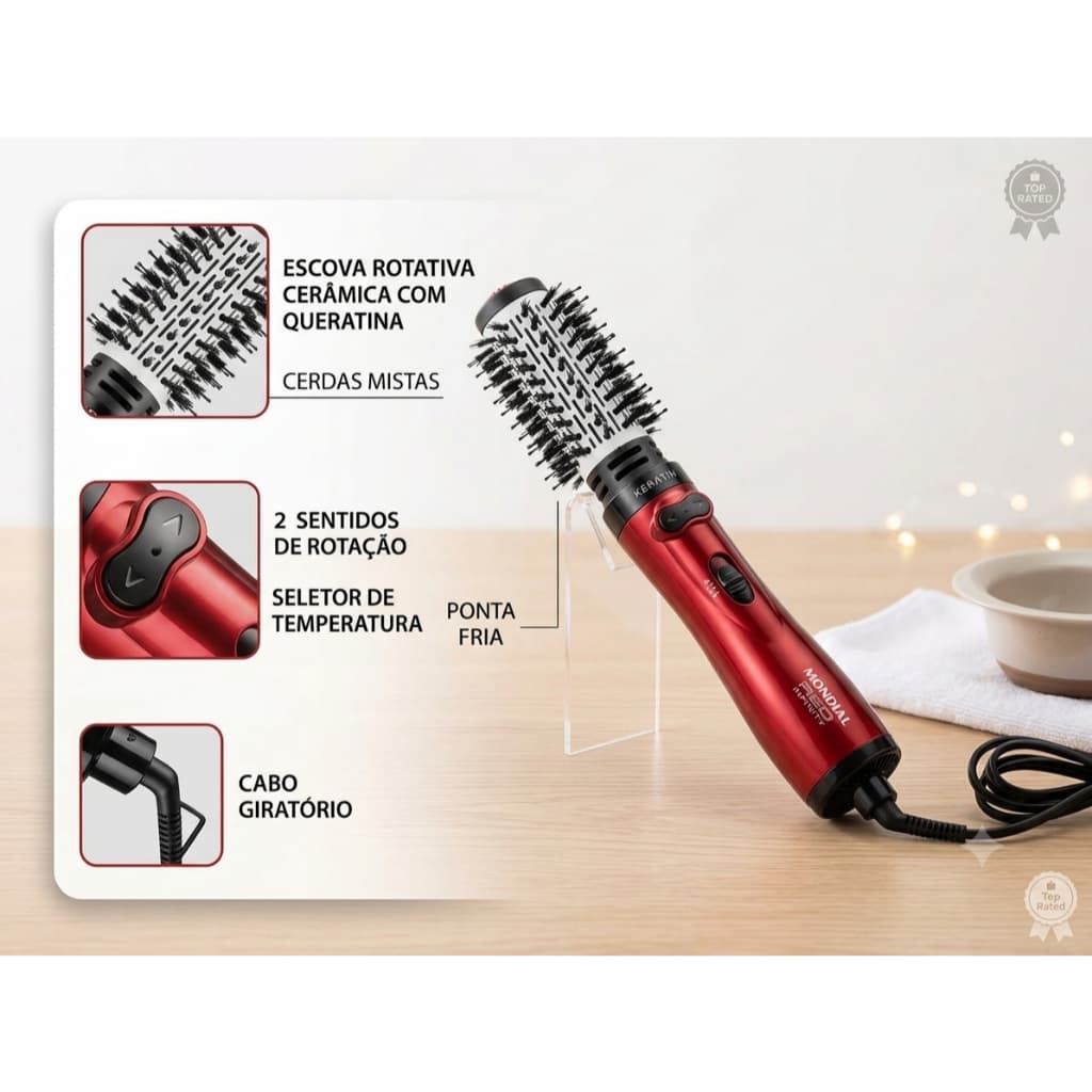 Escova Rotativa Mondial Red Infinity Keratin 1000W Seca Alisa Modela e Dá Volume 3 em 1