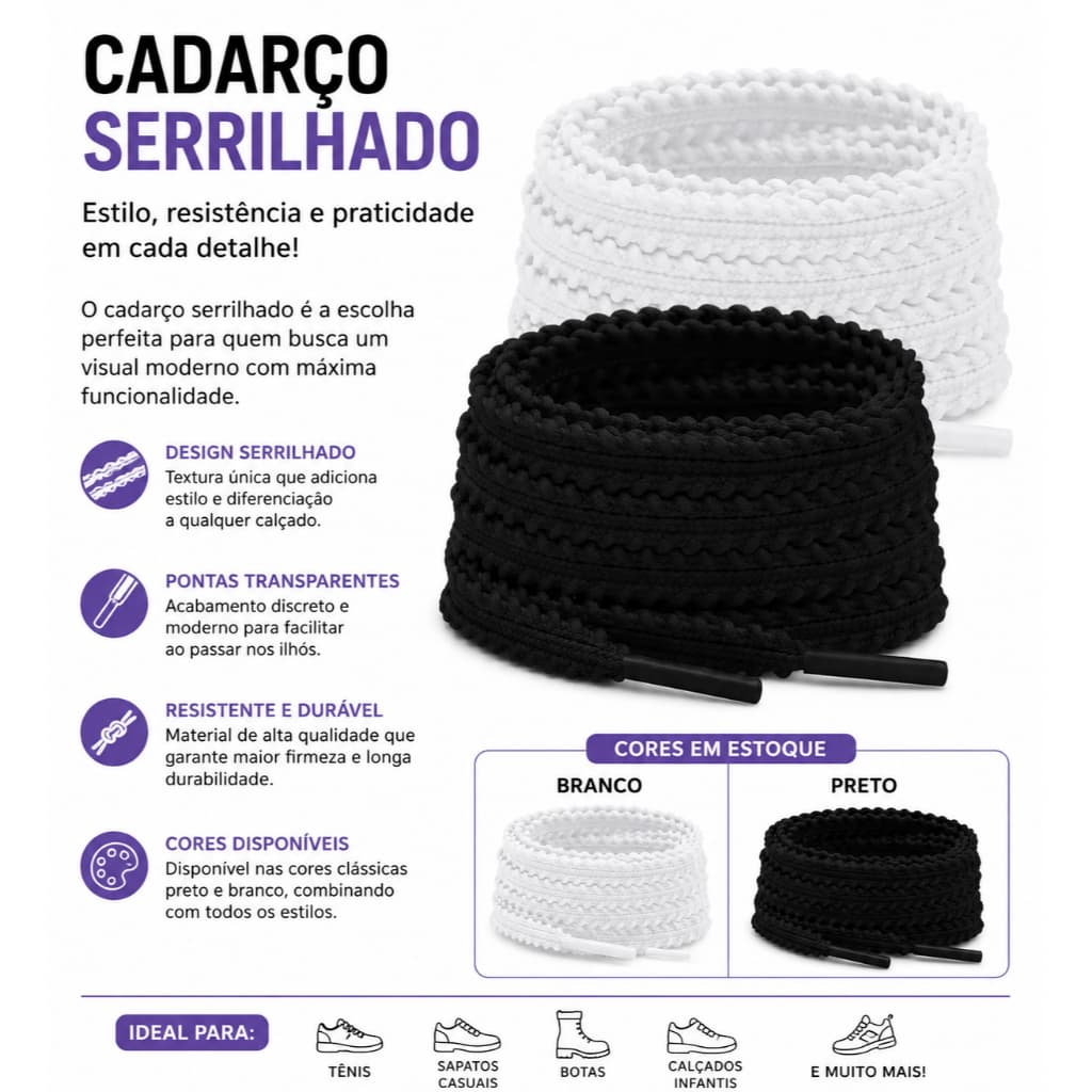 Cadarço Serrilhado para Tênis Preto e Branco Resistente Antideslizante Esportivo e Casual