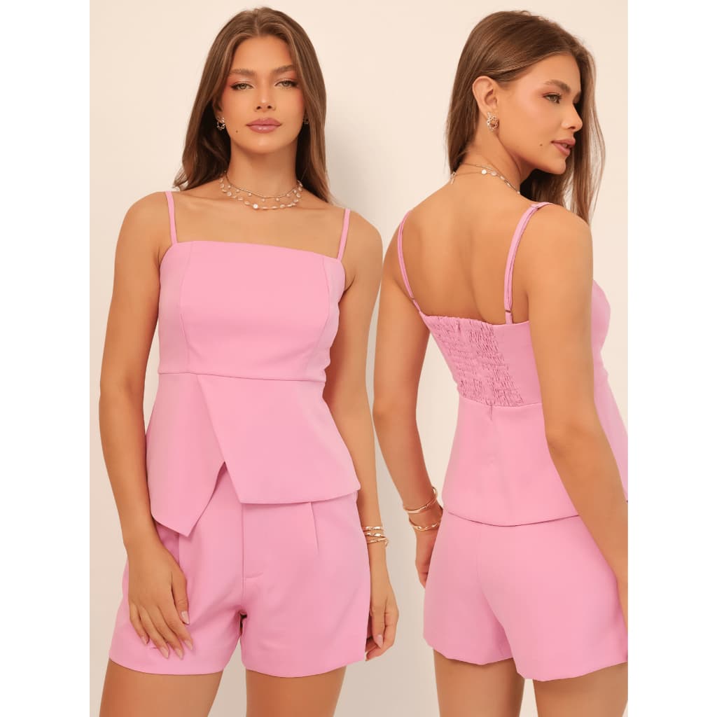 Conjunto Alfaiataria Feminina Blusa Bata Assimétrica Alcinha Lastex Costas e Short com Bolso Tecido Chic