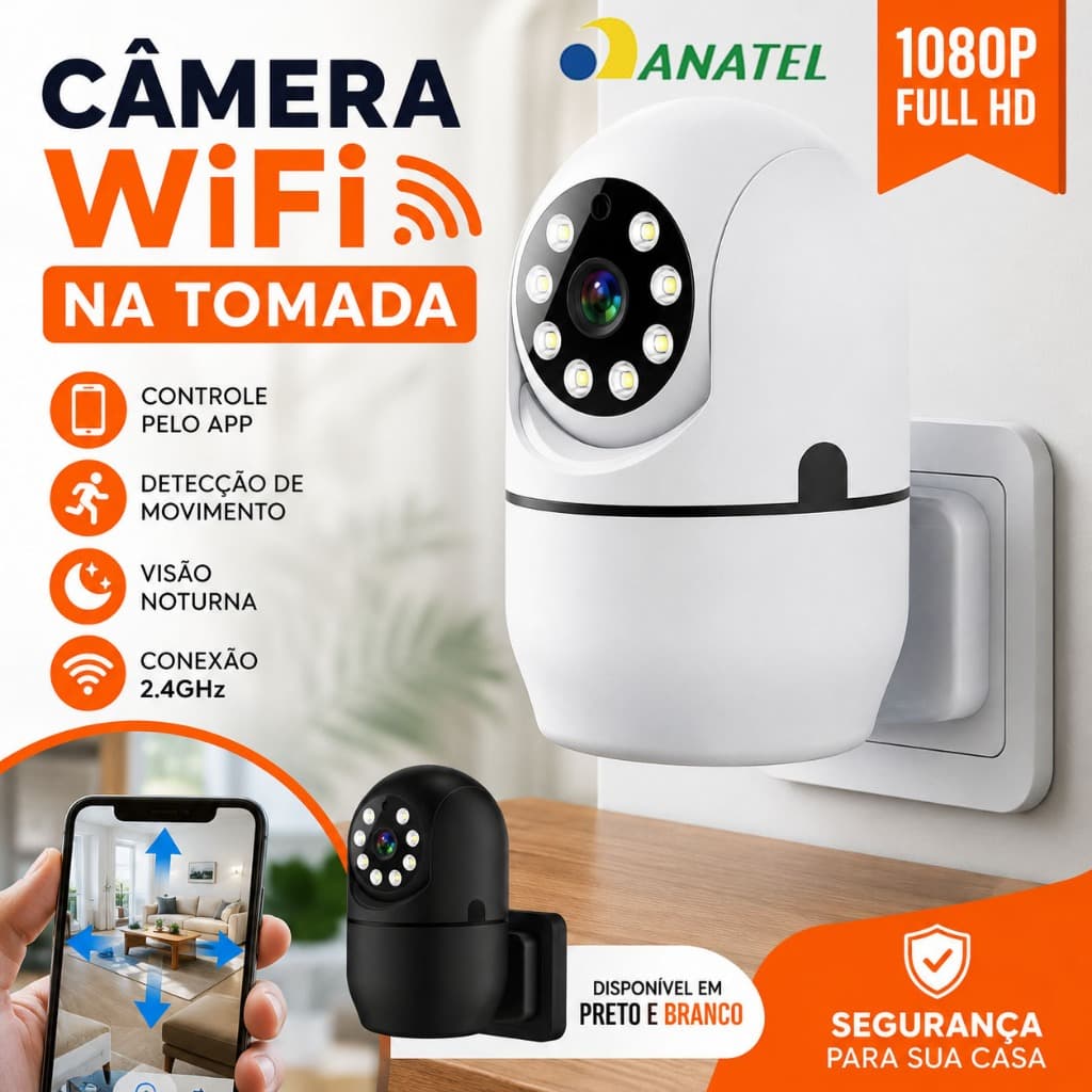 Câmera Tomada Interna WiFi 360° Full HD Detecção Movimento Áudio Bidirecional Fácil Instalar P07