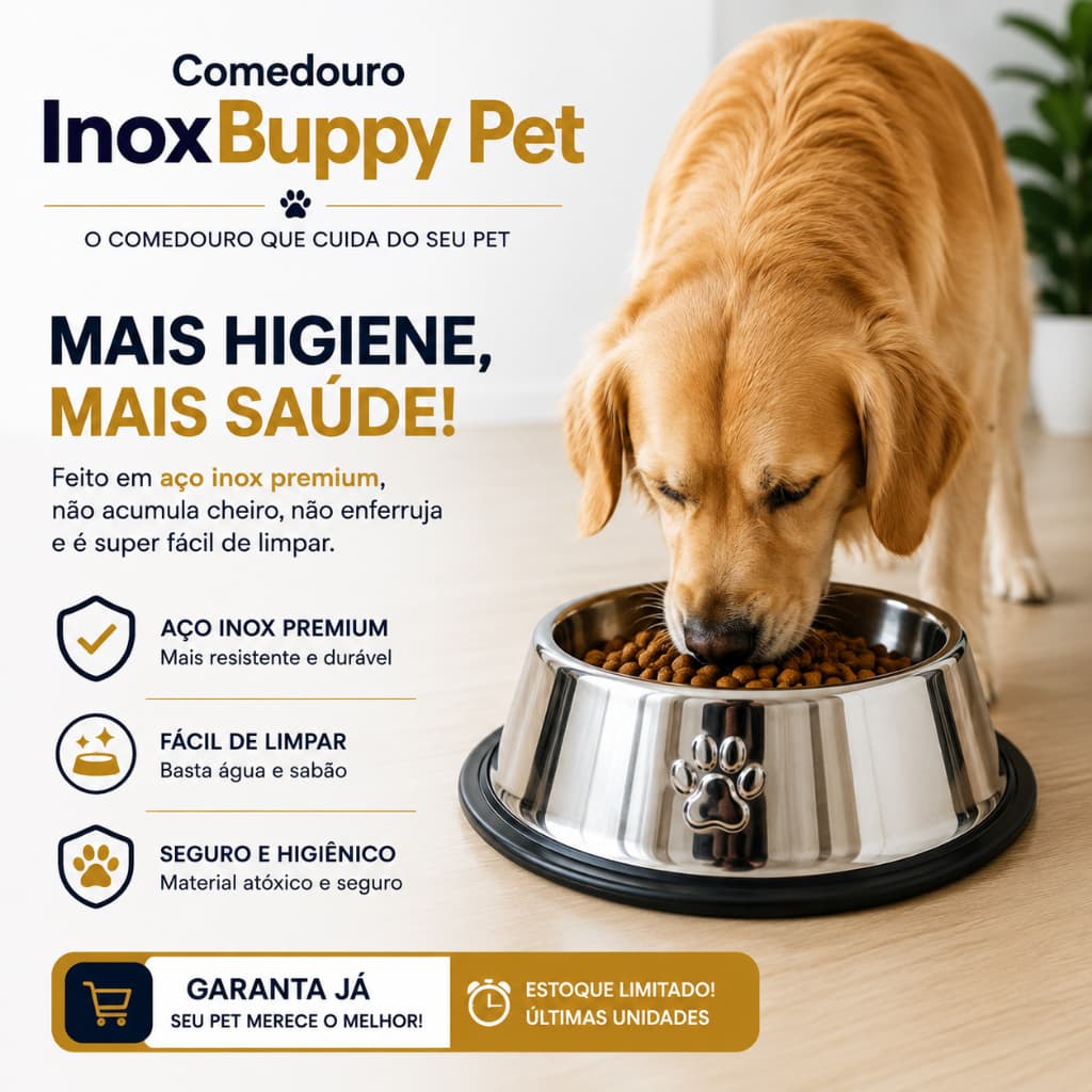 Comedouro Antiderrapante Redondo Grande Para Cachorro e Gato 30cm - Inox BUPPY PET