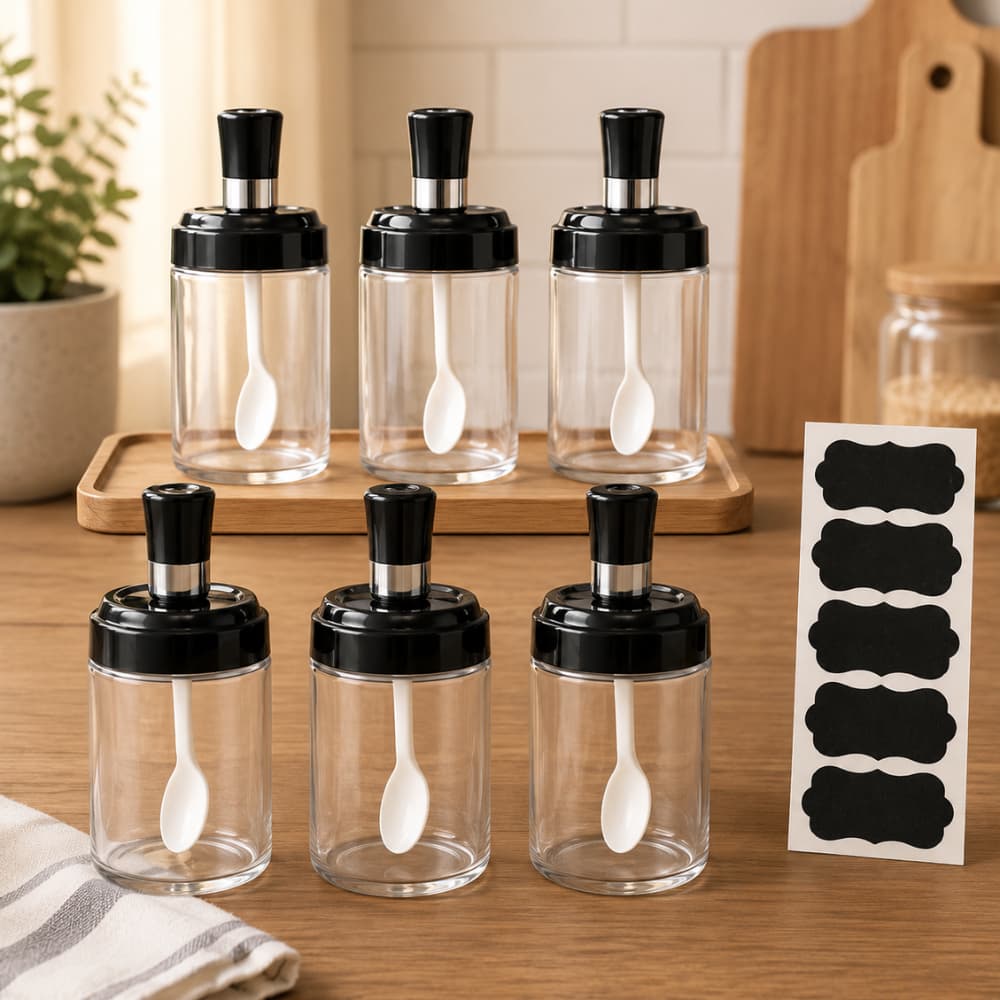 Kit Potes Vidro Com Colher Tempero Condimento Sal Açucar