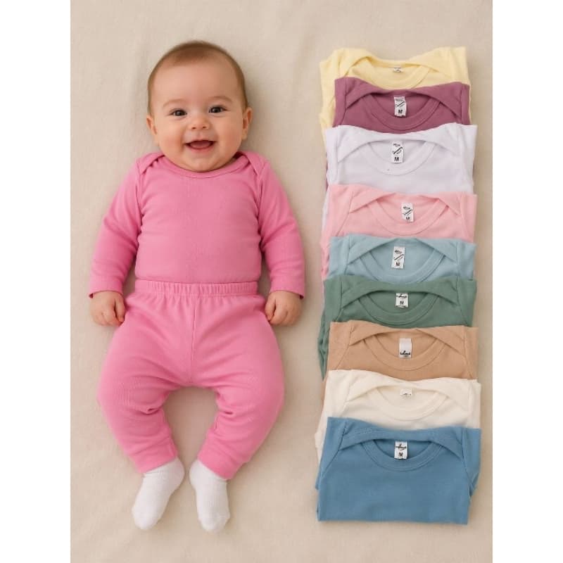 Kit body Bebe 10 Peças Canelado – 5 Body Manga Longa + 5 calça mijao menino e menina