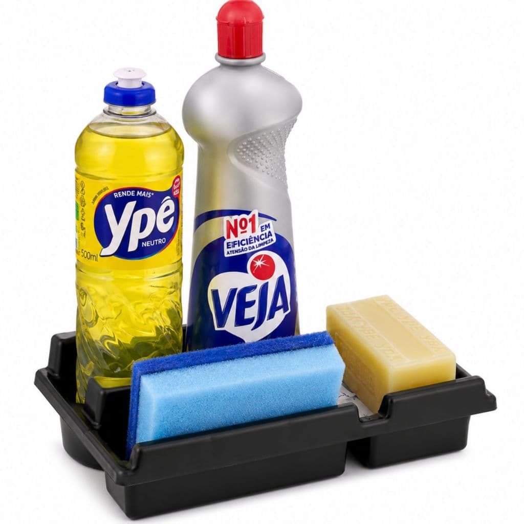 Dispenser Suporte para Detergente Porta Sabão Bucha 4 em 1 cc/ Escorredor de Agua Organizador Cozinha