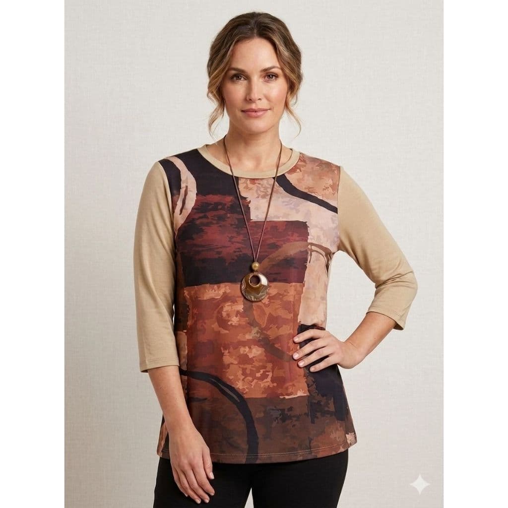 Blusa Feminina Estampada Manga 3/4 Viscolycra Confortável Casual Elegante Estampa Abstrata
