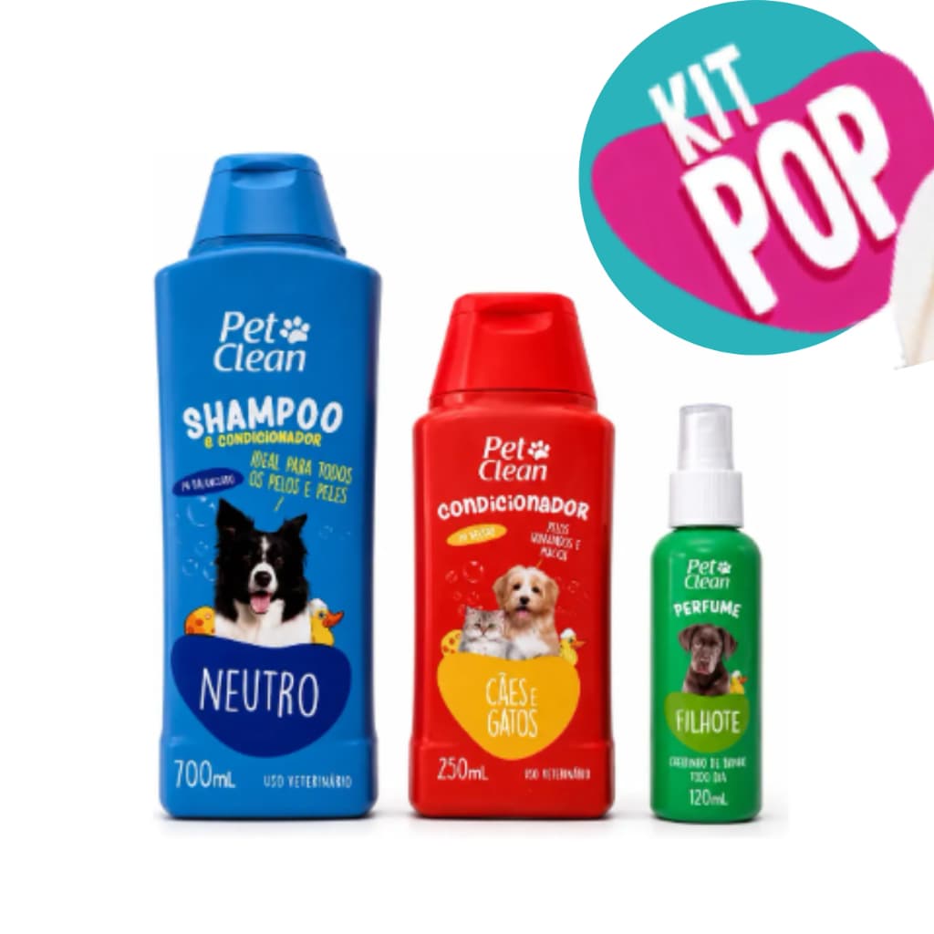 Kit Banho Pop Pet Clean - 1 Shampoo + 1 Perfume + 1 Condicionador Cães Gatos