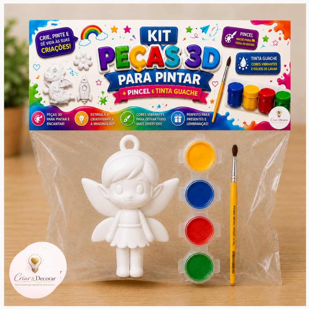 Kit Pintura Fadinha 3D Para Pintar Infantil Com Tintas E Pincel Criança REF 089