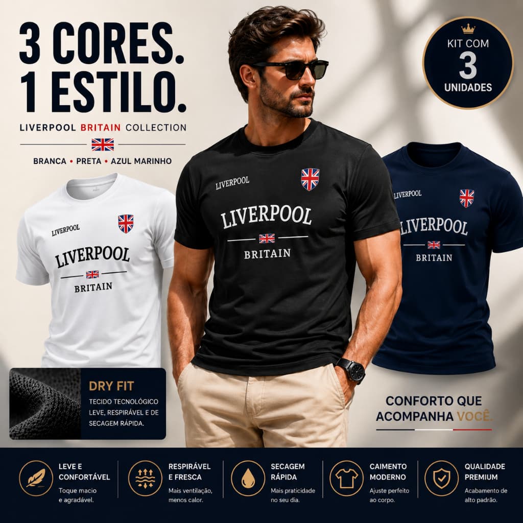 Kit 3 Camisetas Dry Fit Masculinas Liverpool Britain Premium