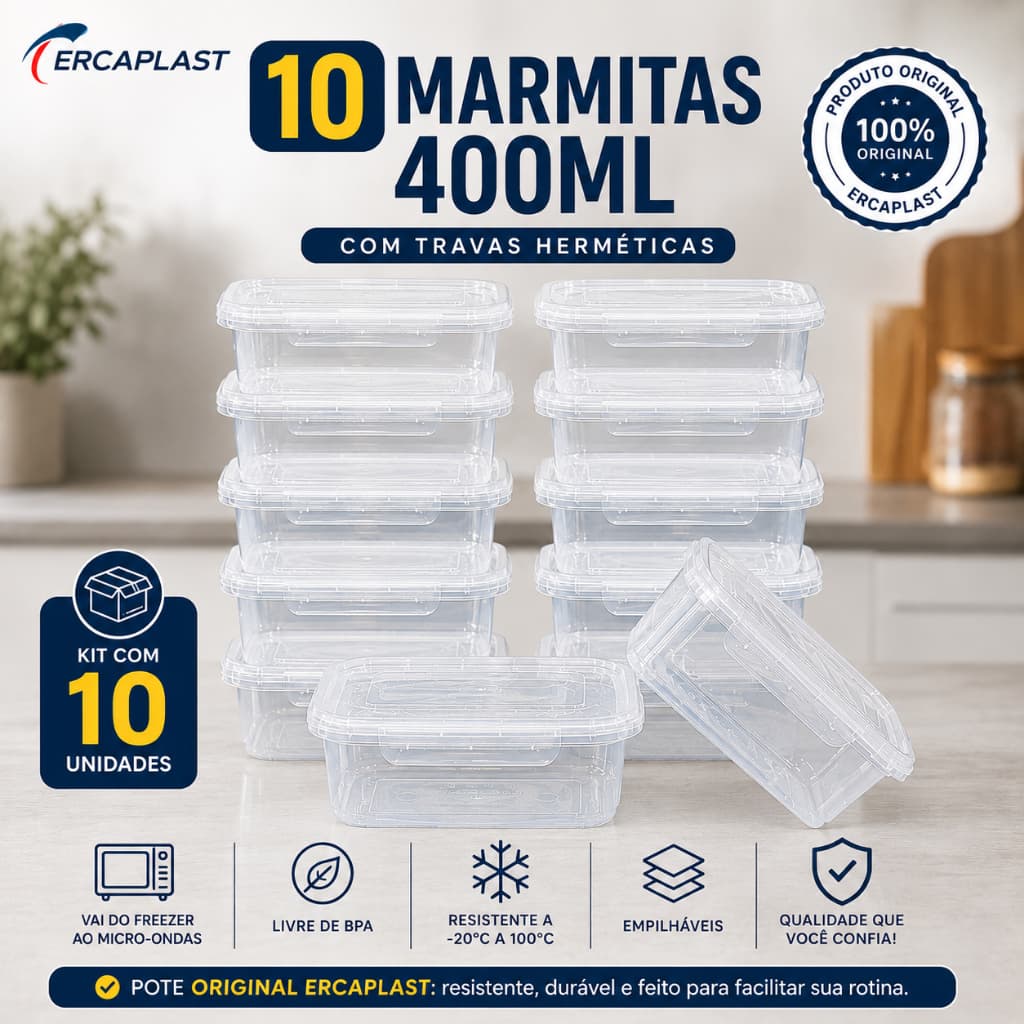 10 Potes Marmita Reutilizável 400ml Com Travas Freezer Microondas