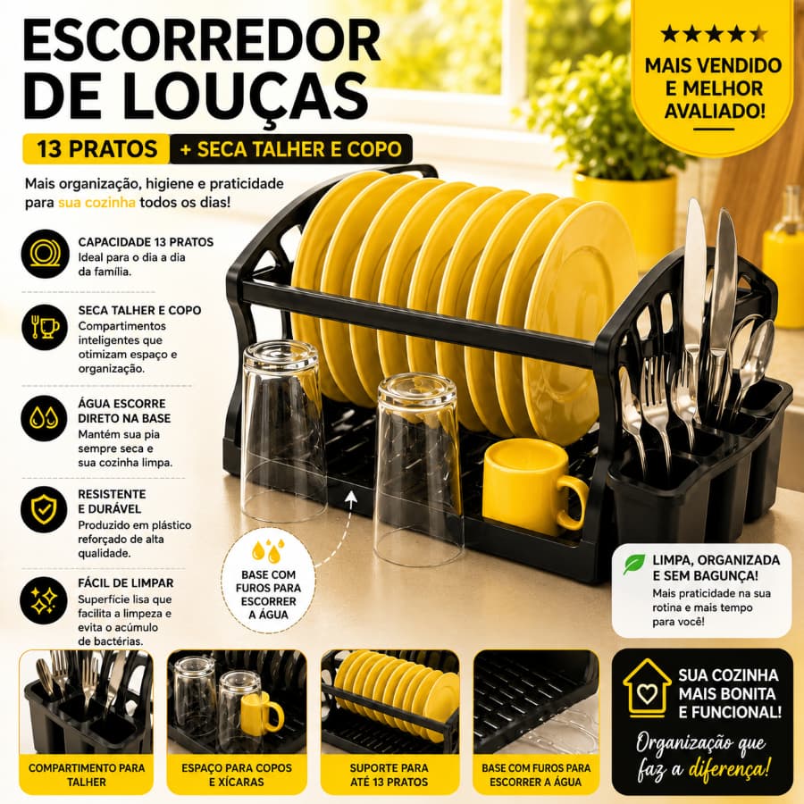Escorredor De Louca Duplo Cozinha Prato Copo Porta Talheres