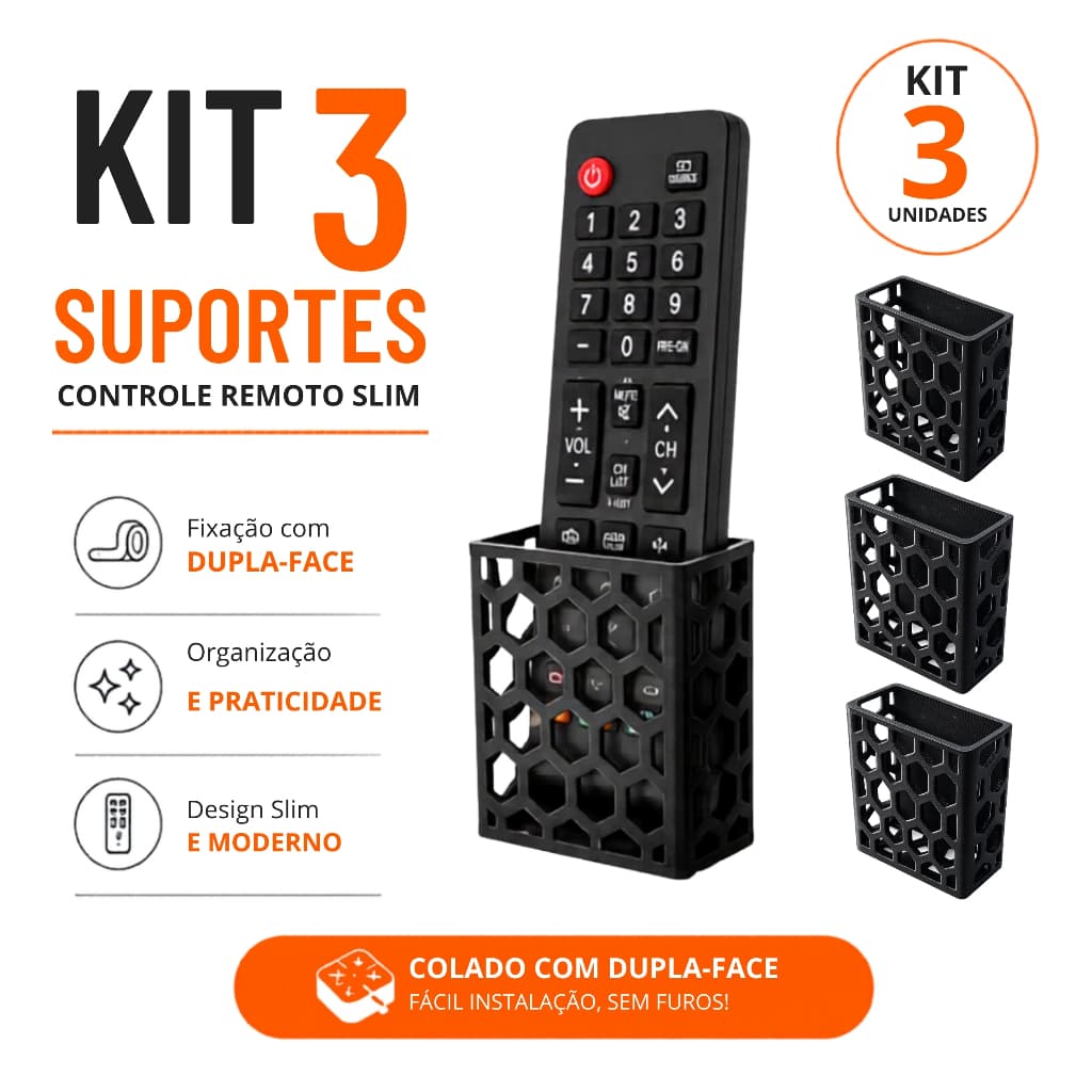 Kit 3 Suportes para Controle Remoto Slim | Dupla Face | Sem Furos