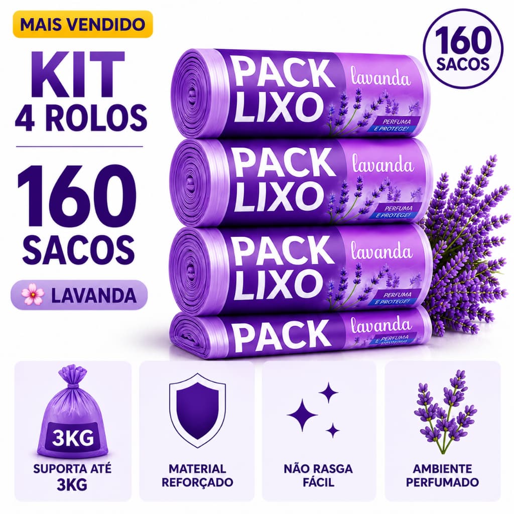 Kit 4 Rolos Sacos Lixo 10L Lavanda 160 Sacos Perfumados Resistentes Cozinha Banheiro Anti Odor