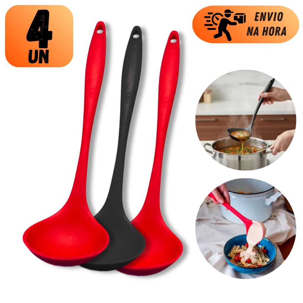 Kit Concha De Silicone 28Cm Para Servir Caldos Sopas E Feijão Cabo Preto Ou Vermelho Resistente Para Cozinha