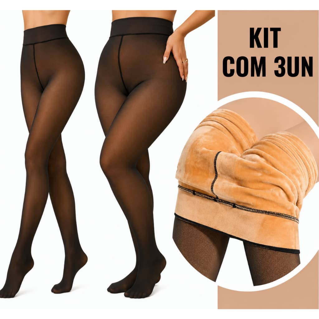 kit 3 Meia Calça Térmica Forrada Peluciada Translúcida de Lã Feminina Super Elástica Slim