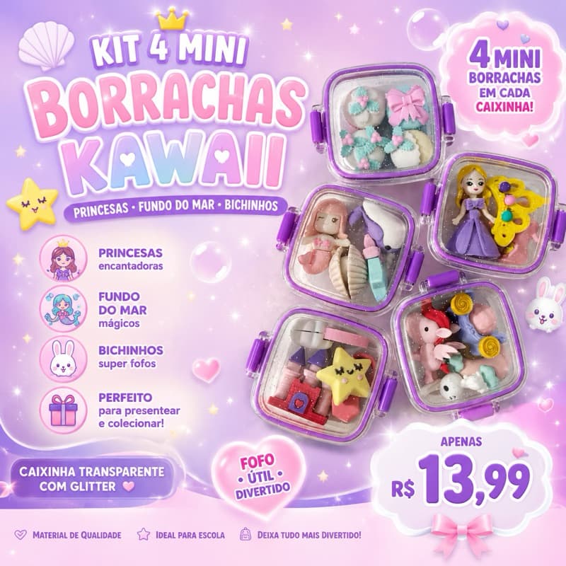 Kit 4 Mini Borrachas | Princesas, Fundo do Mar e Bichinhos Fofos