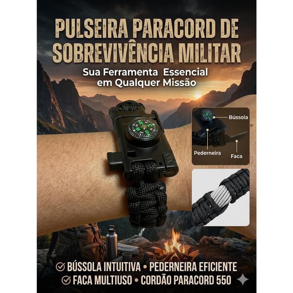 Pulseira Paracord Sobrevivência Militar Pederneira Bussola