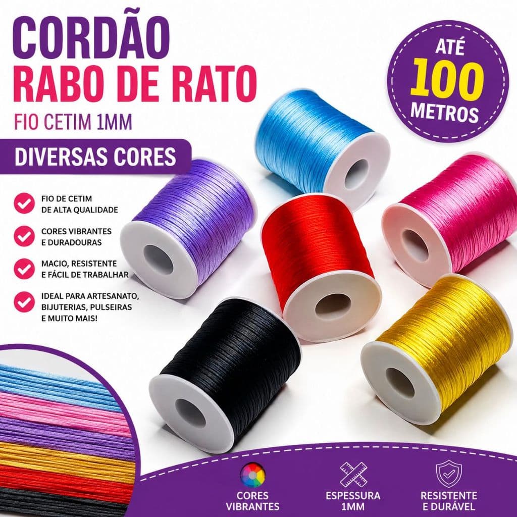 Até 100 Metros Cordão Rabo de Rato 1mm Cores Únicas Fio Cetim Diversas Cores