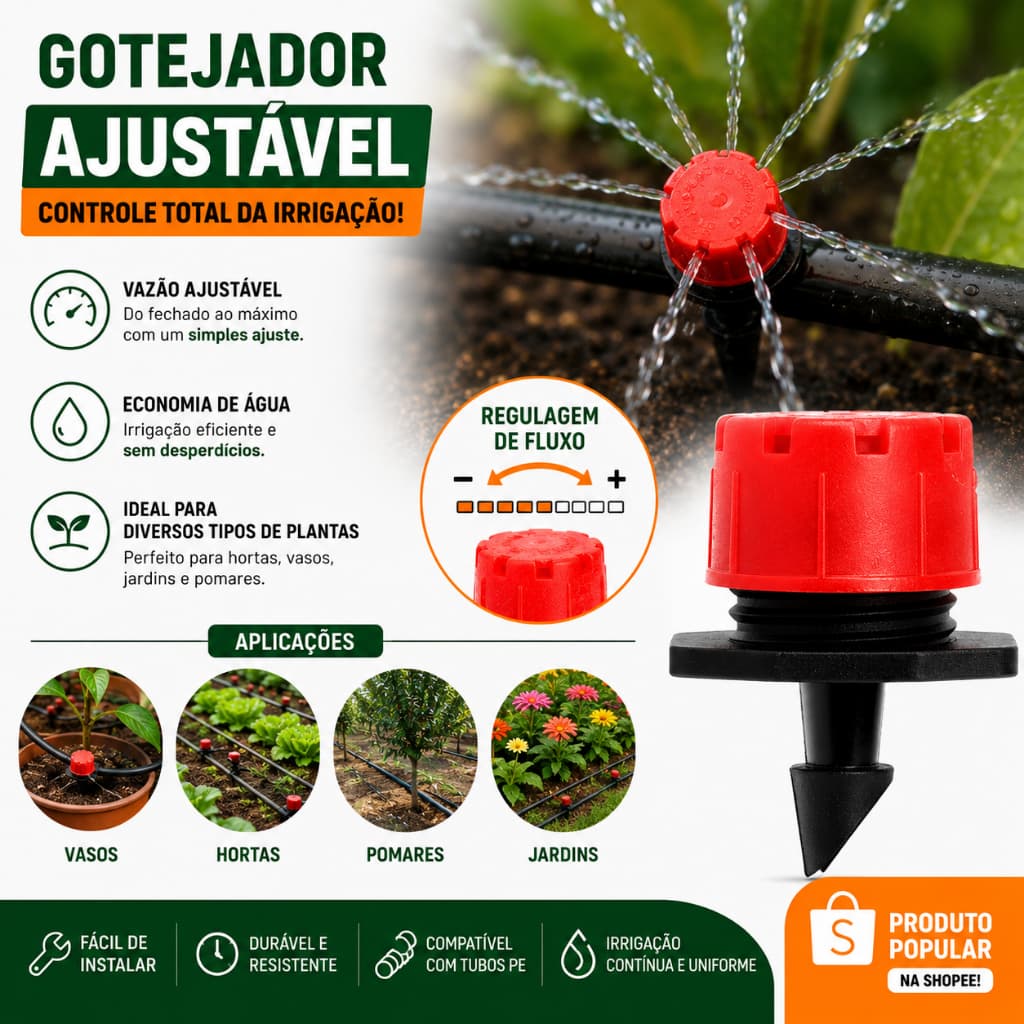 Kit 200 Gotejador Ajustável 0 a 70 L/h Para Irrigação Hortas e Jardins