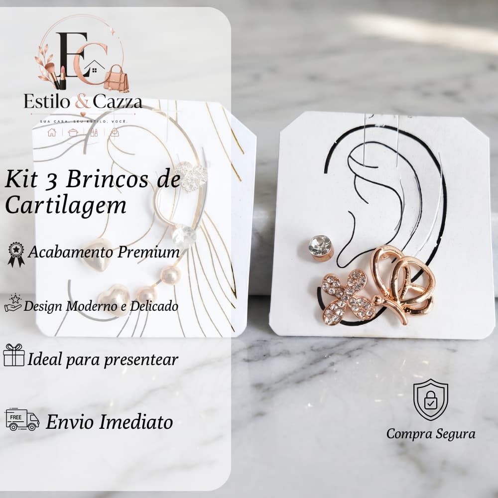 Kit Brincos Cartilagem Feminino Delicado Ear Cuff Blogueira 3 Peças