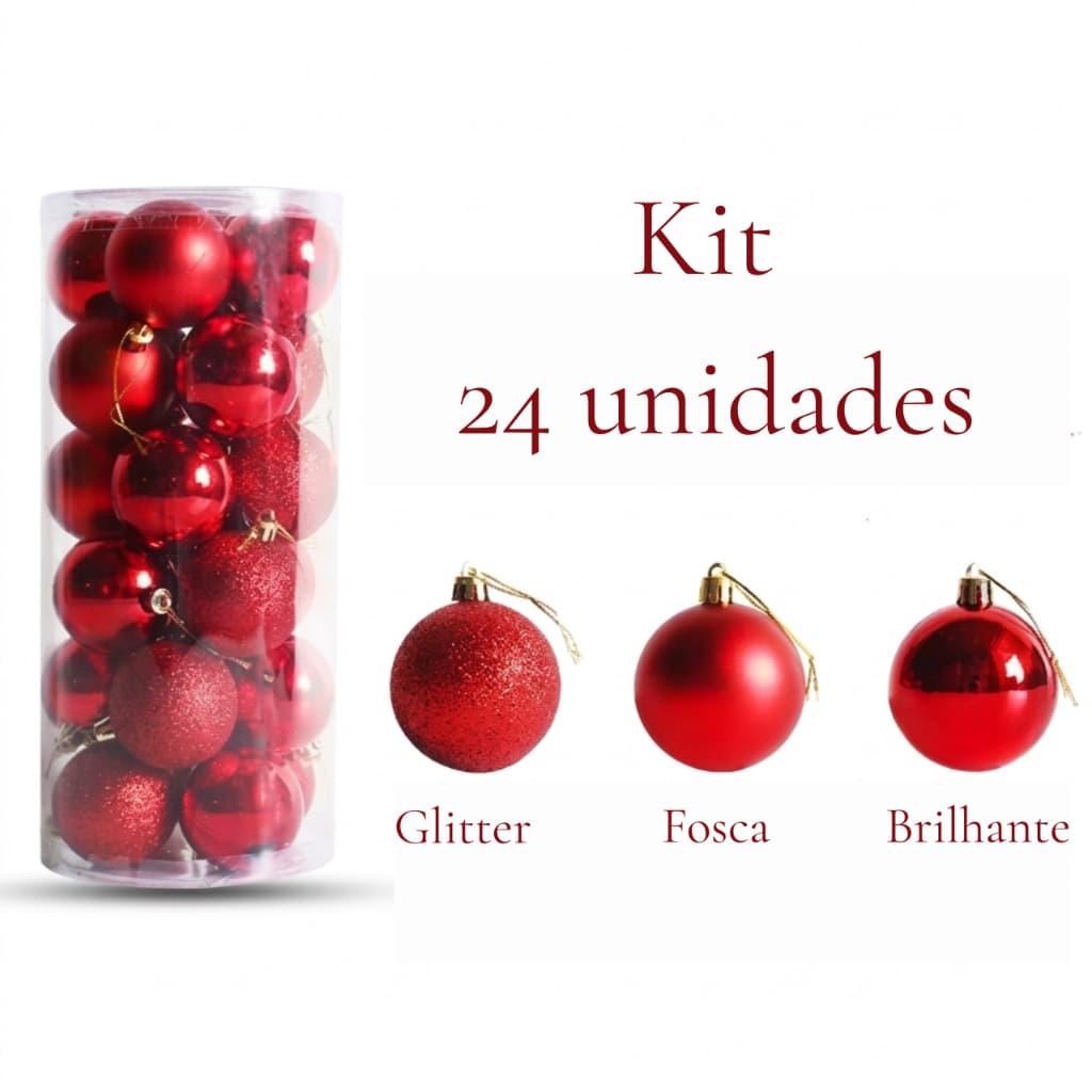 Bolinhas de Natal 24 Unidades Kit Enfeite Para Arvore 6cm Vermelha Glitter, Brilhante e Fosca