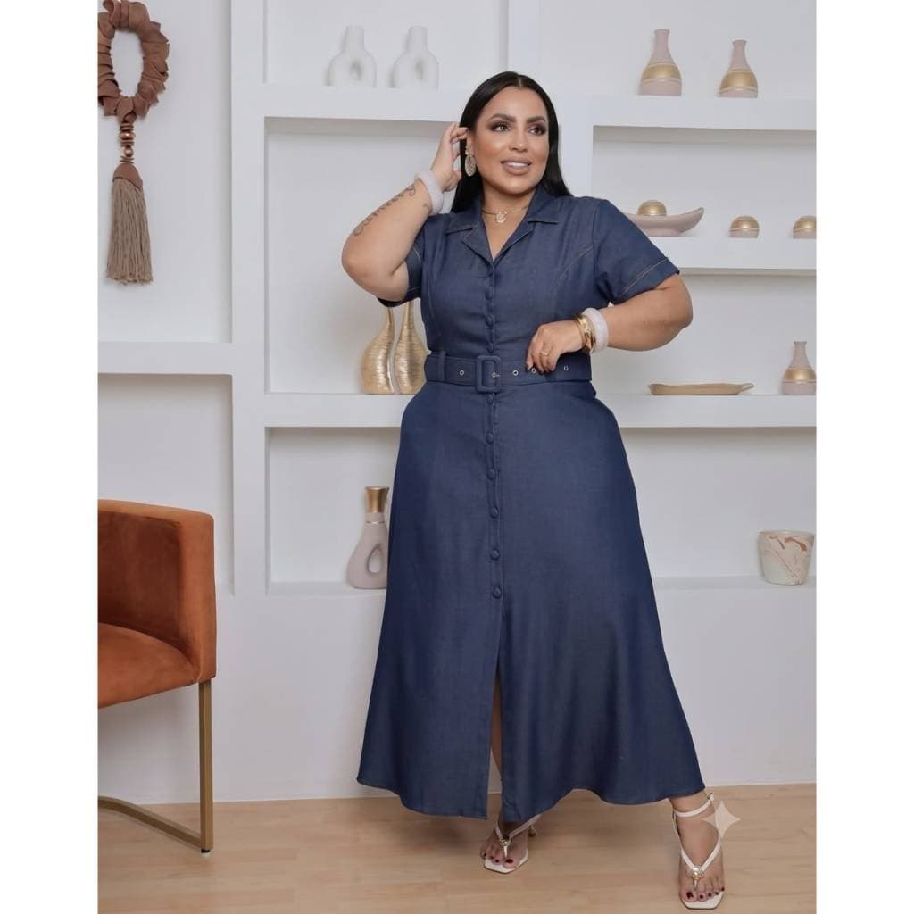 Vestido Plus Size Midi Chambray Feminino Elegante Casual com Cinto e Botões Frontais