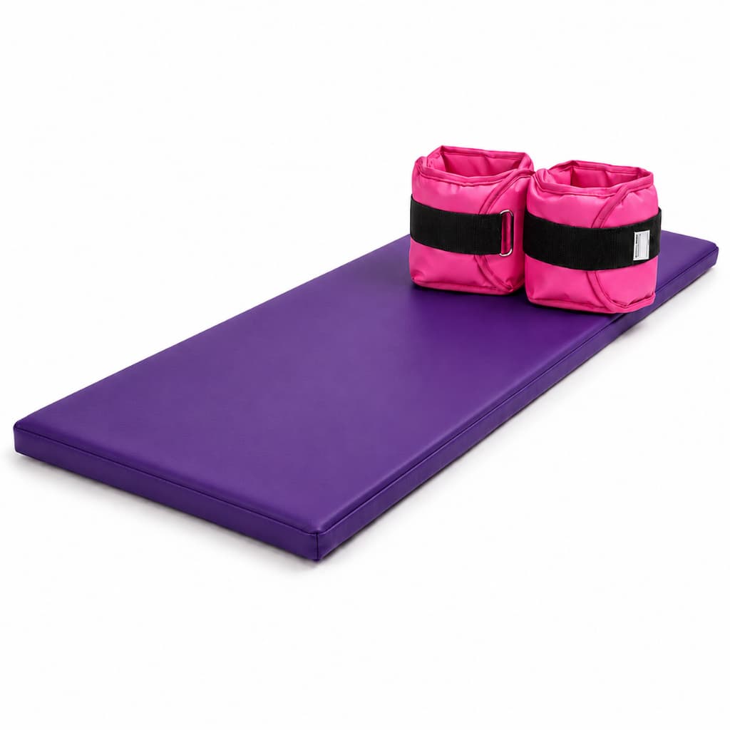 Movimento e Resistência Colchonete Roxo 90x40x3 + Par Caneleiras 1kg 2kg 3kg 4kg 5kg Regulável Rosa