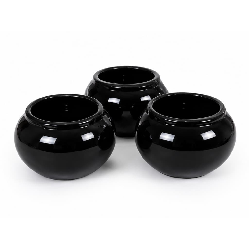 Kit 3 Vasos de Cerâmica Redondos Preto Brilhante para Suculentas e Decoração