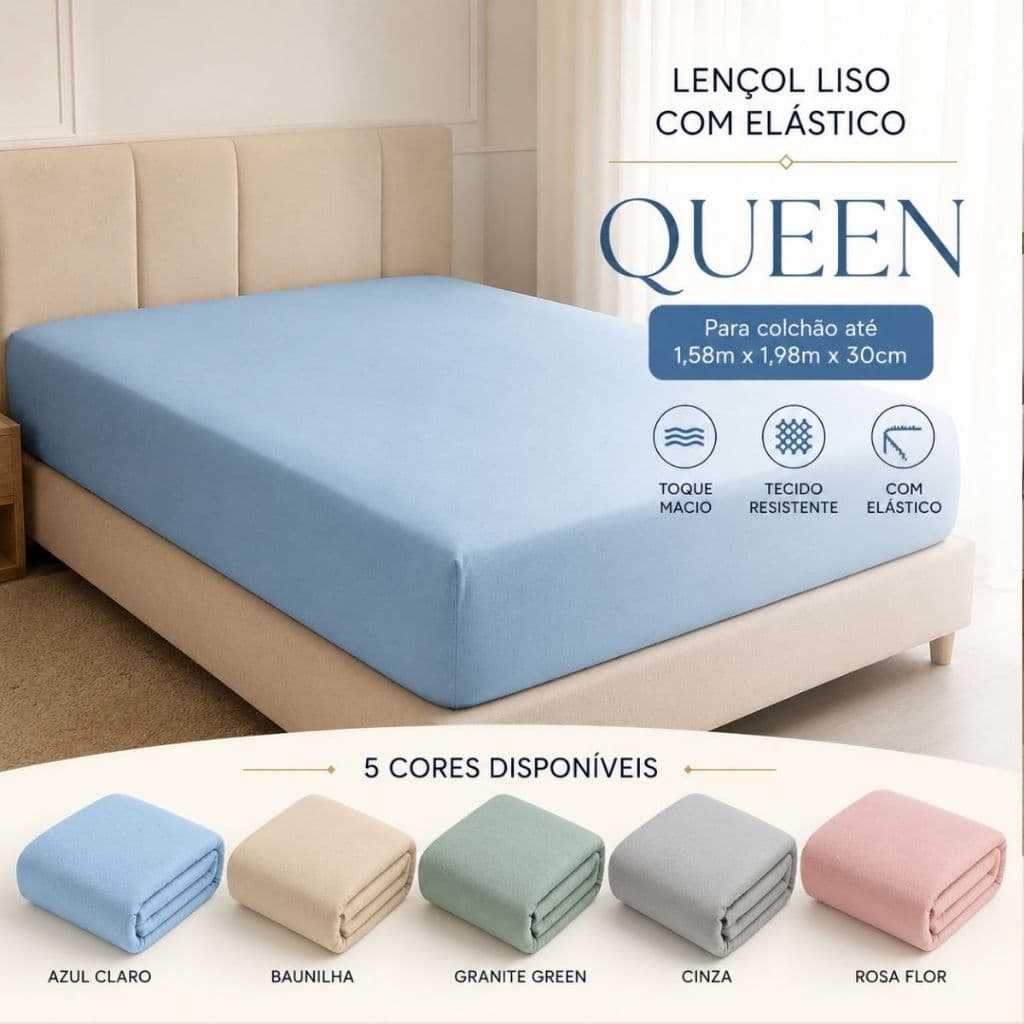 Lençol Queen Size Com Elástico Cama Colchão Adulto 100% Algodão Liso Avulso De Malha Macia
