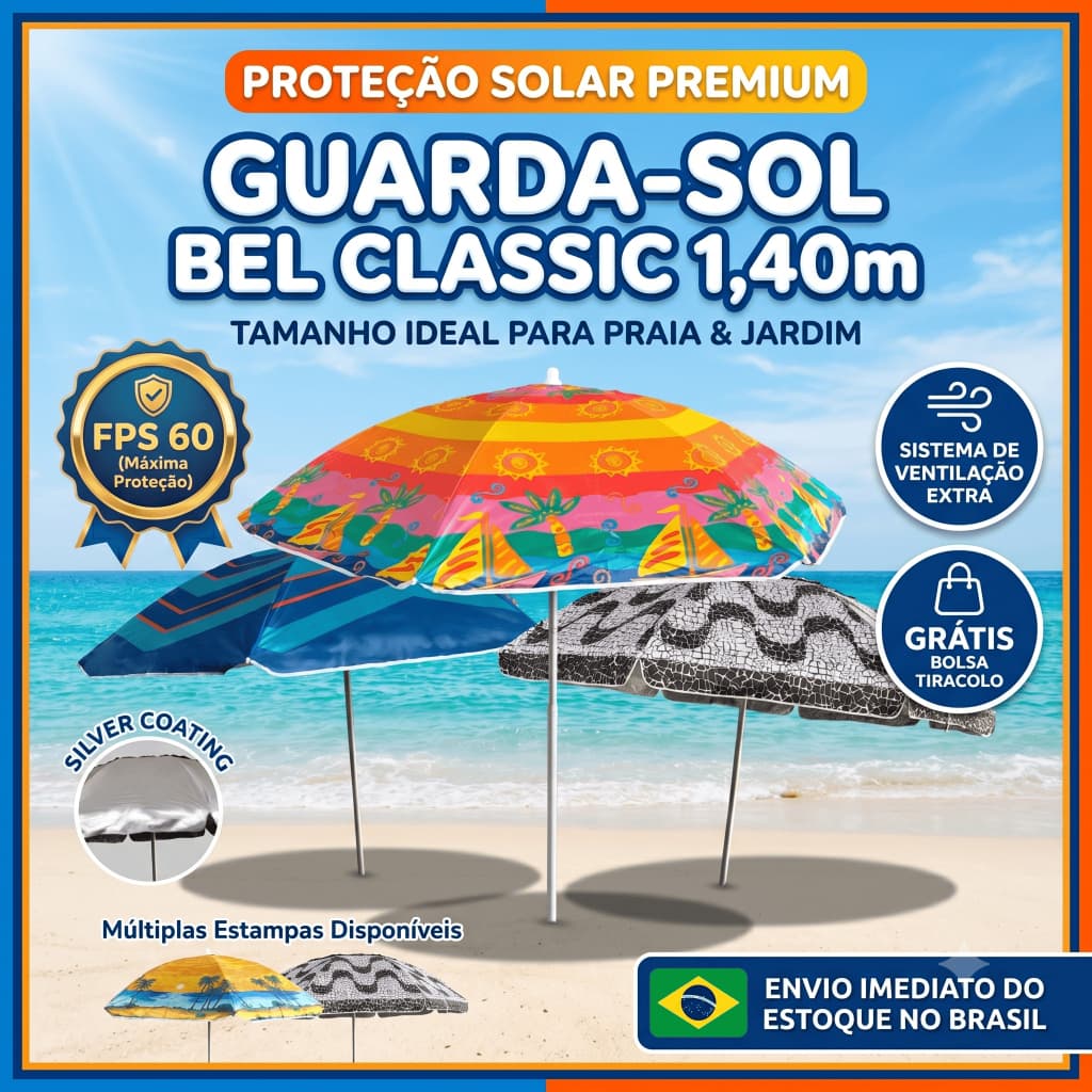 Guarda-Sol de Praia/Piscina 1,40m com Máxima Proteção FPS 60 e Bolsa Tiracolo Estampas Exclusivas