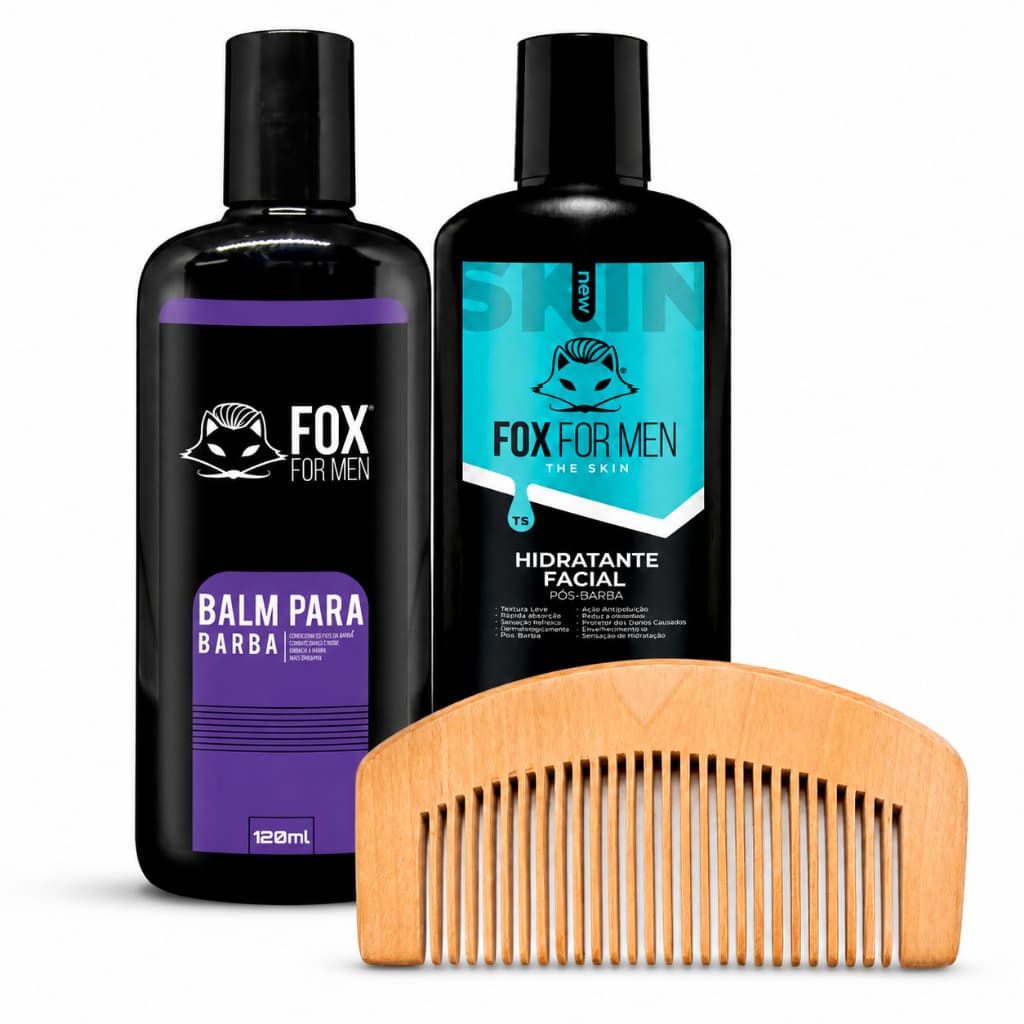 Kit Barba 3 em 1 Pente Madeira + Balm 120ml + Pós-Barba 120g Fox For Men Barba Alinhada Sem Frizz