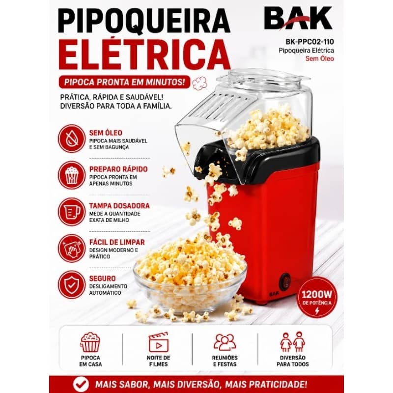 Pipoqueira Elétrica Sem Óleo Ar Quente 1200W Bak