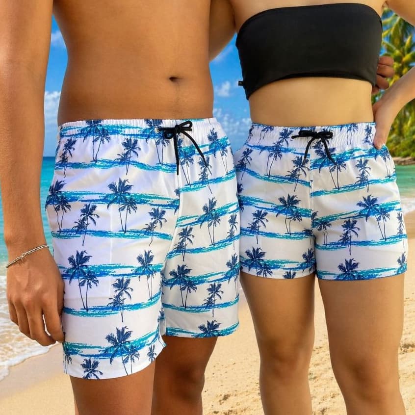 Short Casal Kit Mozao Combinadinho Coqueiro Praia Bermuda Tactel Com Elastano Verão Piscina Namorado