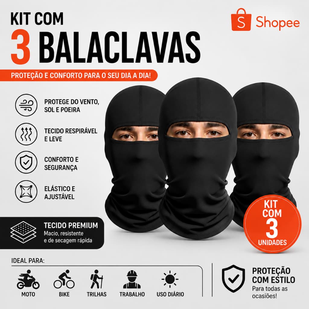 Kit 3 Balaclavas Touca Ninja Proteção Solar UV50 Térmica Premium Unisex