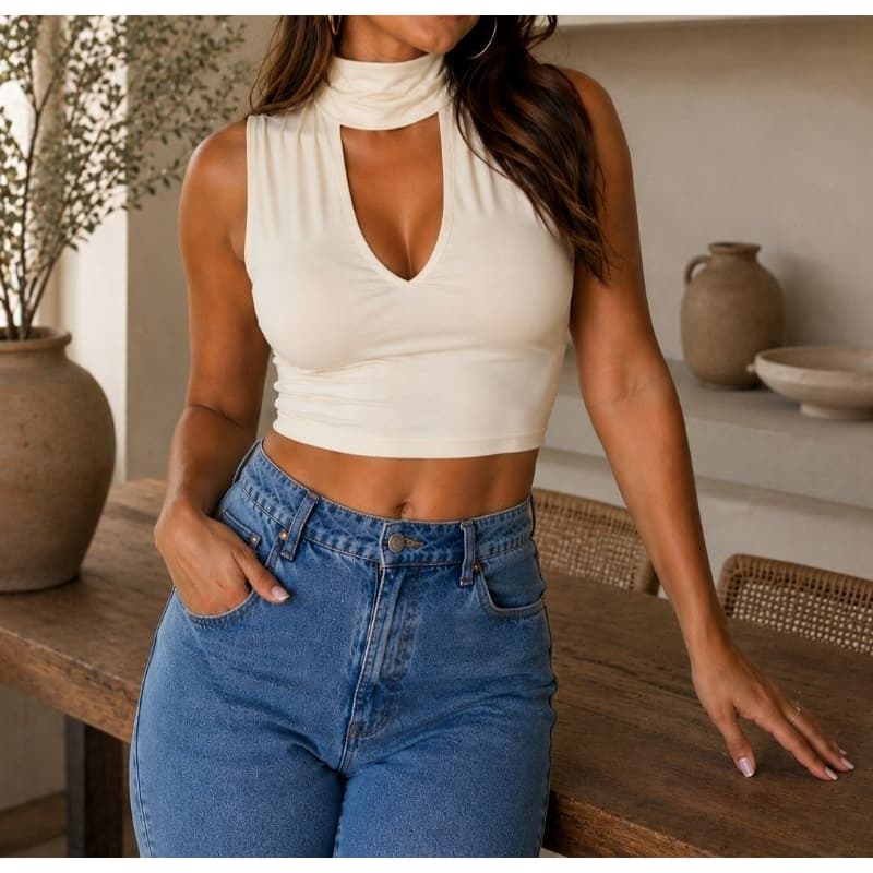 Cropped Feminino Gola Alta Decote V Premium Moda Blogueira